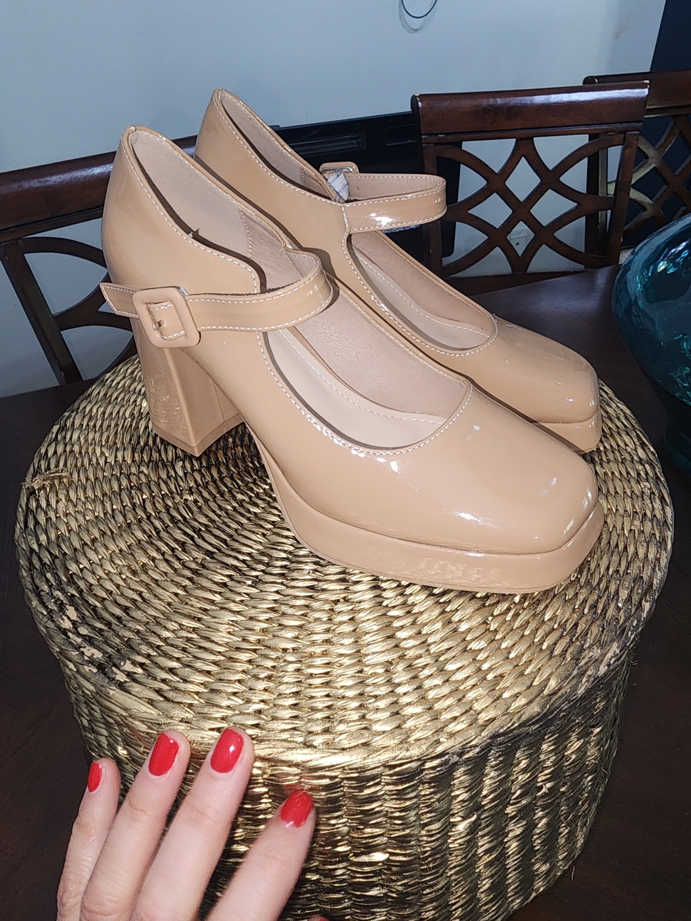 Patent Nude Mary Jane Block Heels with Strap